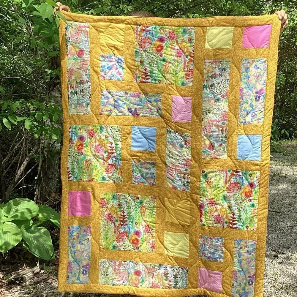 NWT. Hand Crafted Yellow Fields of Flower Liberty of London Fabric Quilt